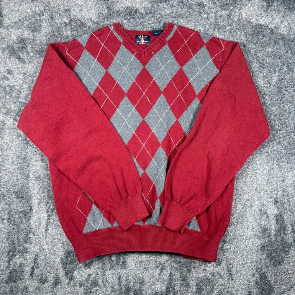 Arrow Mens XL Red Grey Argyle V-Neck Sweater 100% Cotton Long Sleeve Knit